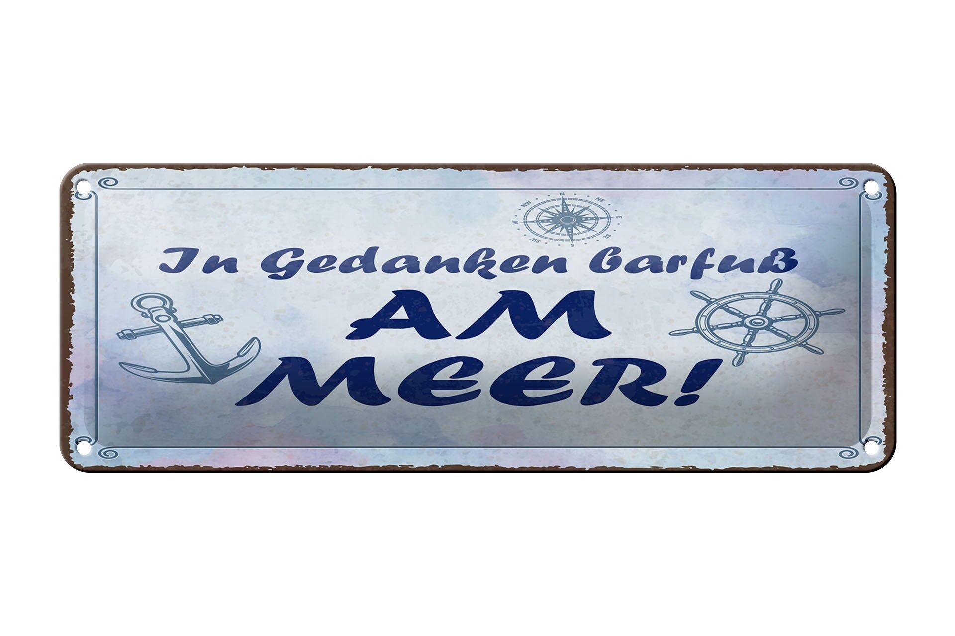 Blechschild Spruch 27x10 cm In Gedanken barfuß am Meer Anker Deko Schild