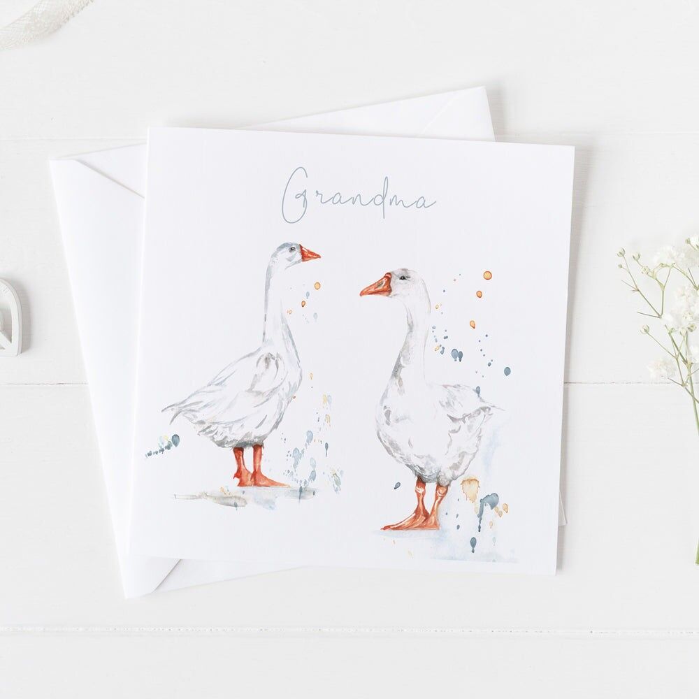 Biglietto d'auguri con disegno ad acquerello della nonna d'oca