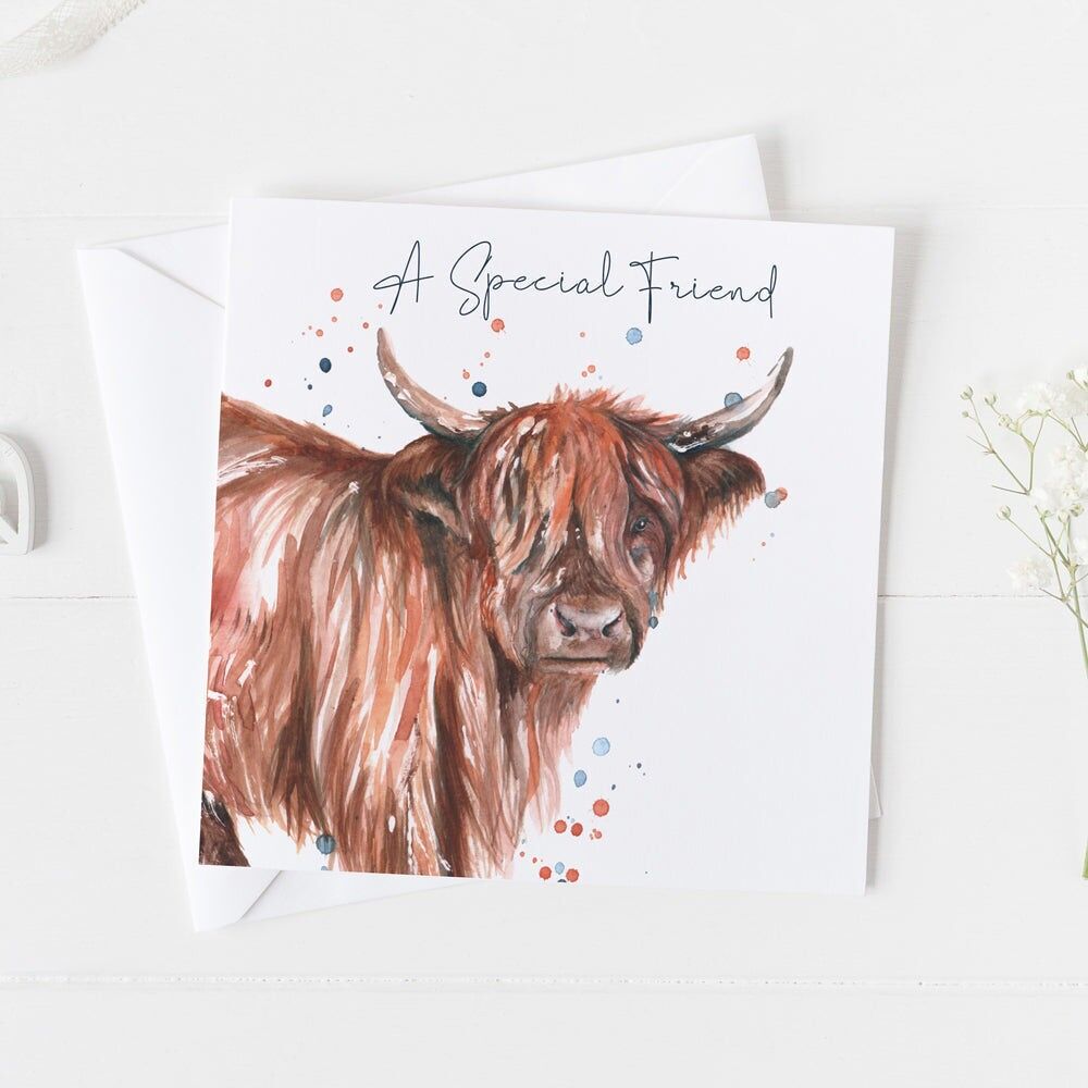 Biglietto d'auguri con design ad acquerello "Un amico speciale" di Highland Cow