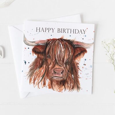 Biglietto di auguri con design ad acquerello "Happy Birthday" di mucca delle Highlands