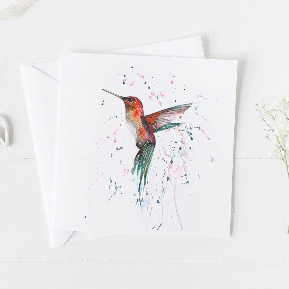 Tarjeta de felicitación con diseño de acuarela de colibrí