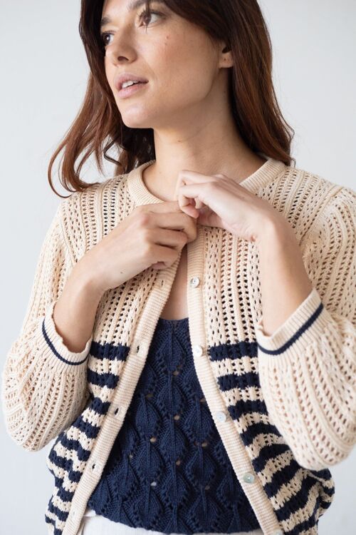 Bibi Openwork Cardigan Two-tone Beige
