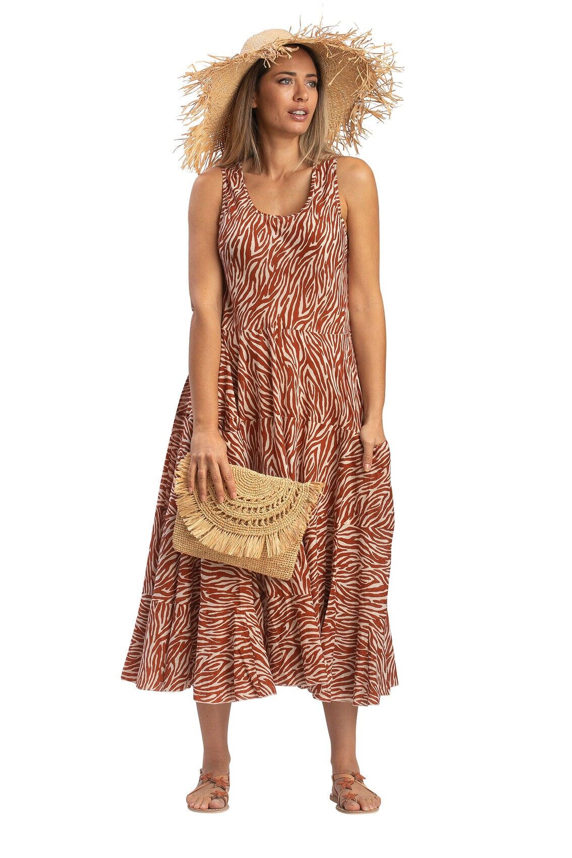 Abito ampio "Zebra ocra", 2 tasche, 3 volant, cotone (S, M, L, XL)