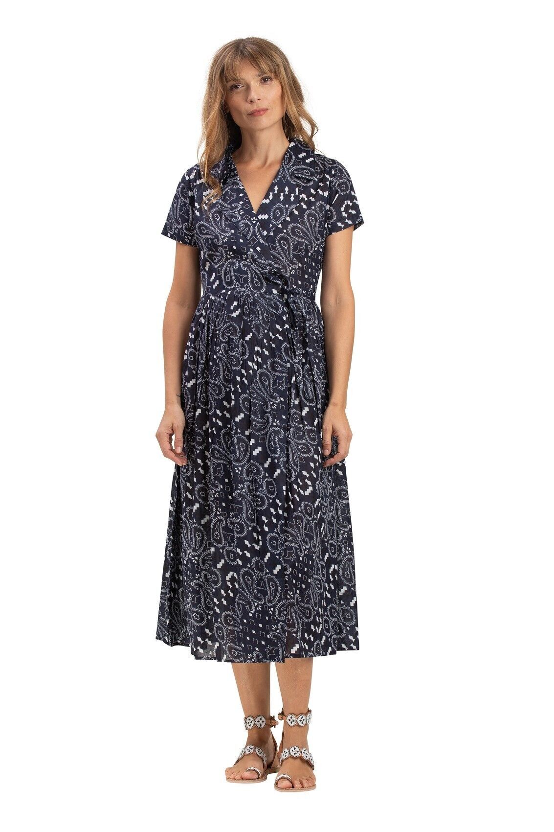 Abito lungo avvolgente "Multi bandana Navy Acapulco" con maniche corte, cotone, SMLXL