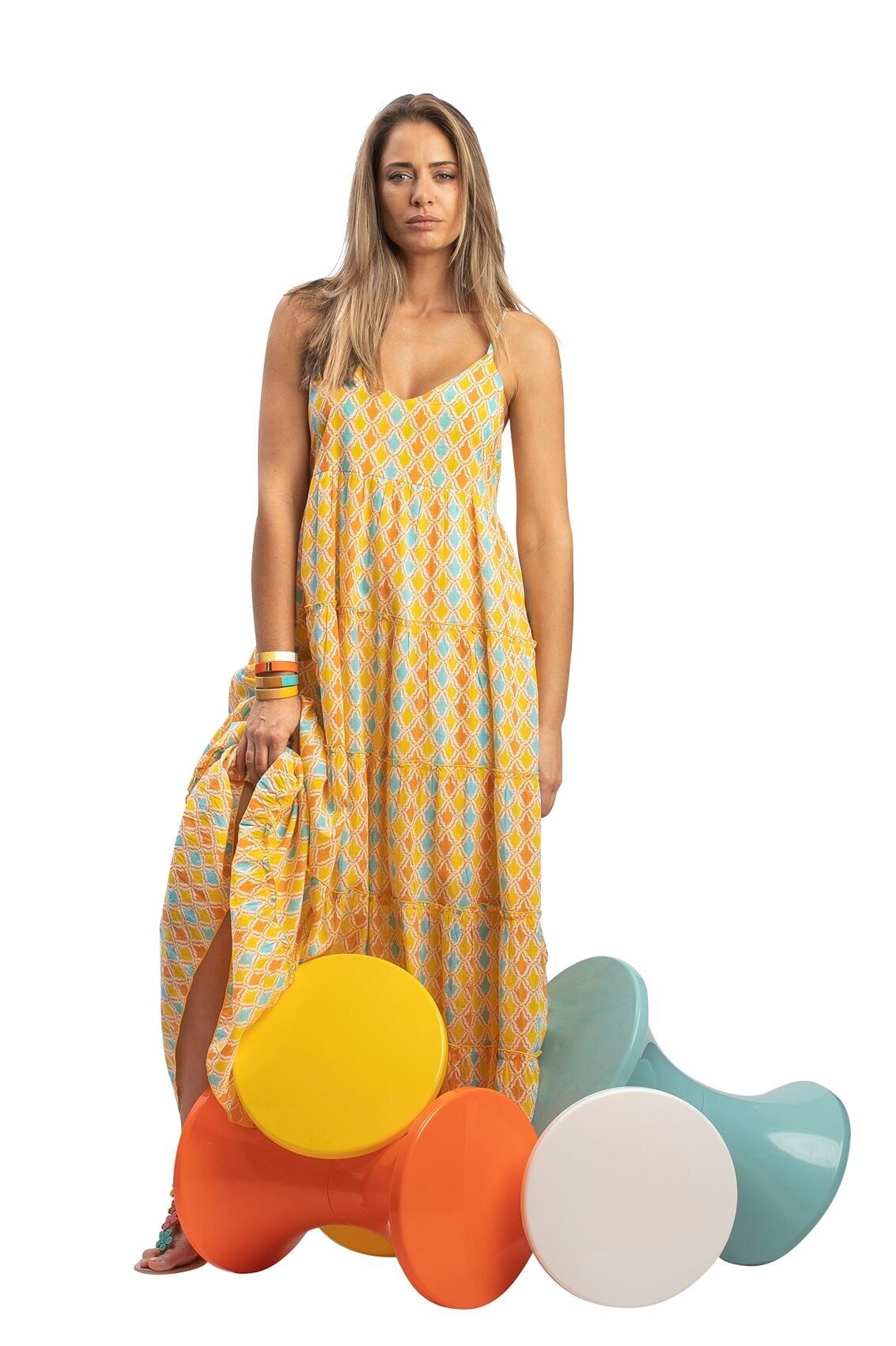 Long dress "Orange diamonds", ruffles, smocked back/belt, lined SMLXL