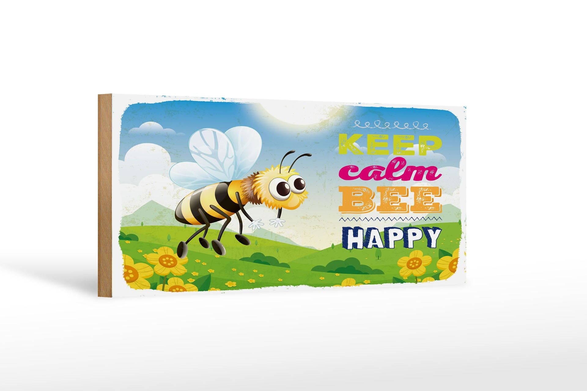 Holzschild Spruch 27x10 cm Keep calm bee happy Biene Wiese Deko Schild