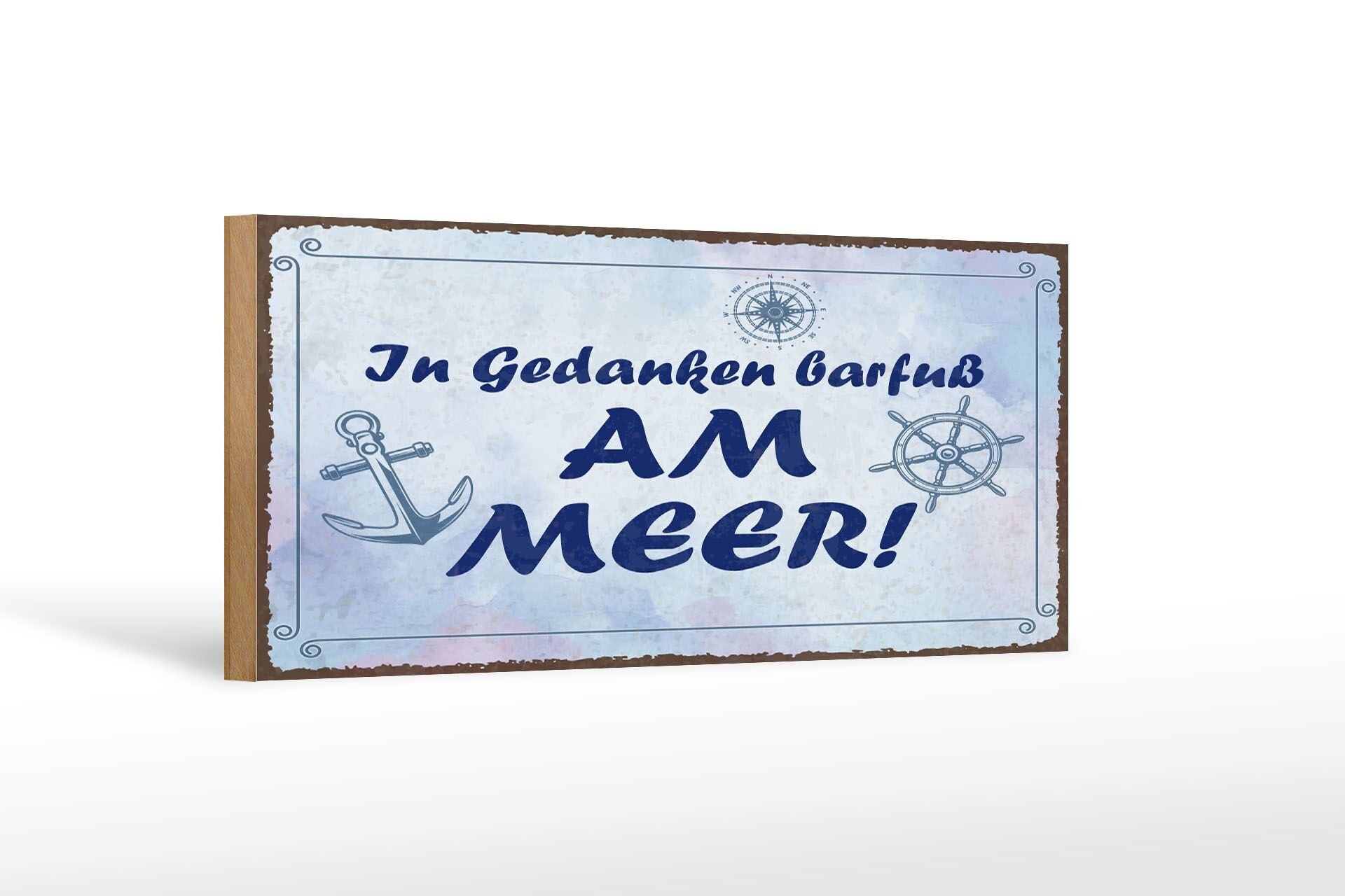 Letrero de madera con texto "En pensamientos descalzo junto al mar" de 27 x 10 cm, ancla decorativa.