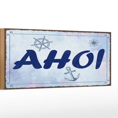 Letrero de madera de 27 x 10 cm con texto "Ahoy", ancla, volante, brújula, letrero decorativo.