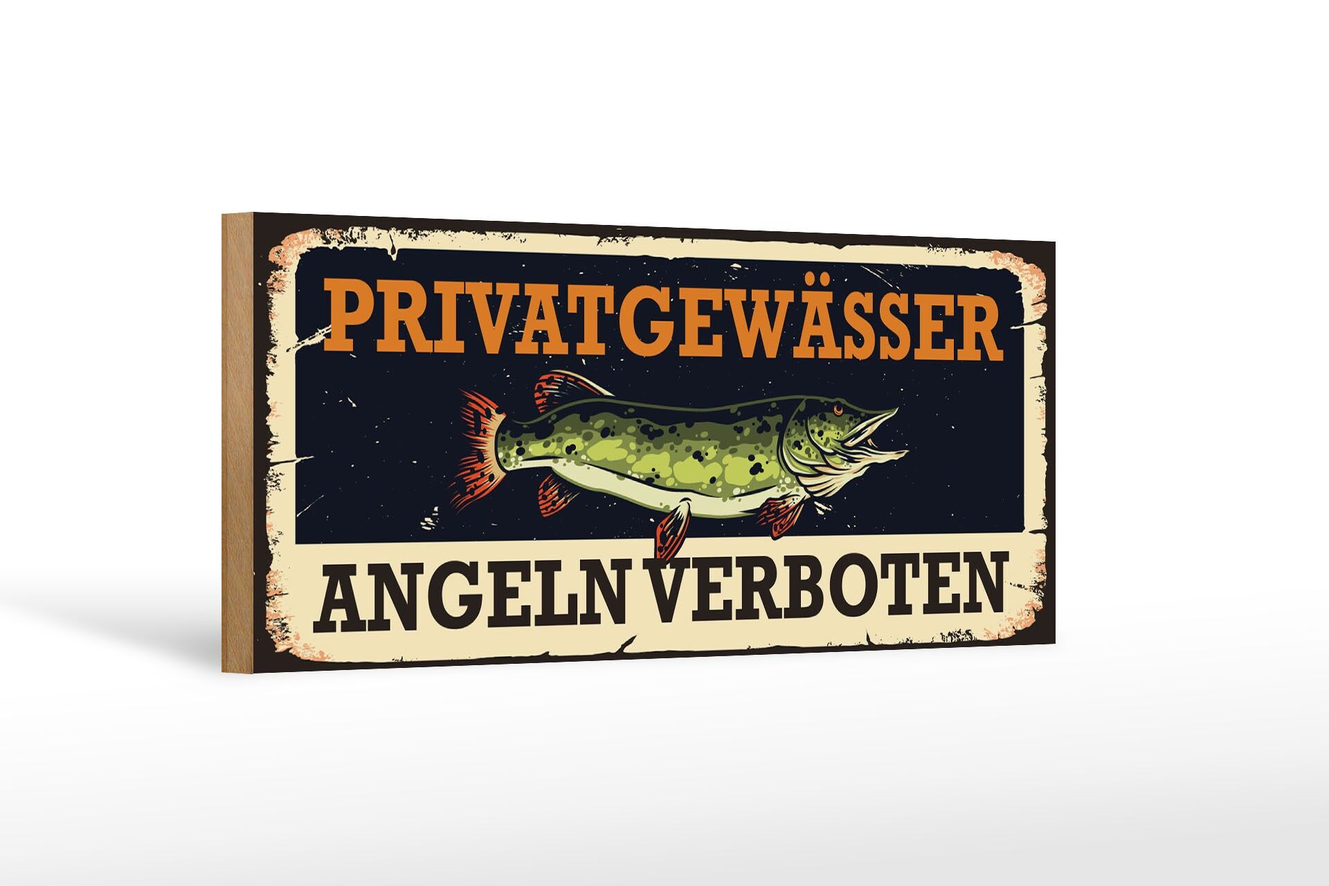 Letrero de madera de 27 x 10 cm con texto en inglés "Prohibida la pesca del lucio en aguas privadas".
