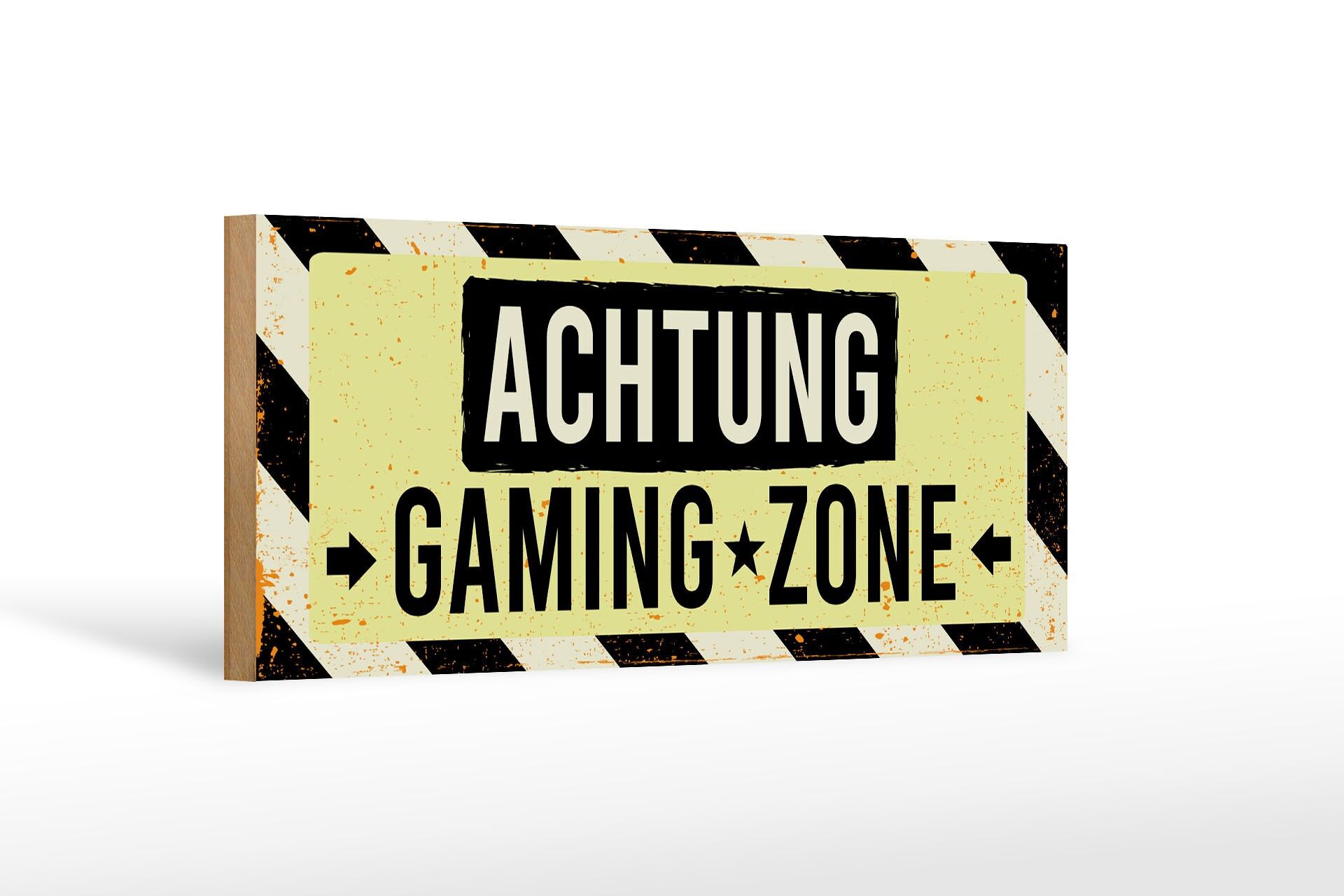 Holzschild Hinweis 27x10 cm Achtung gaming zone Deko Schild