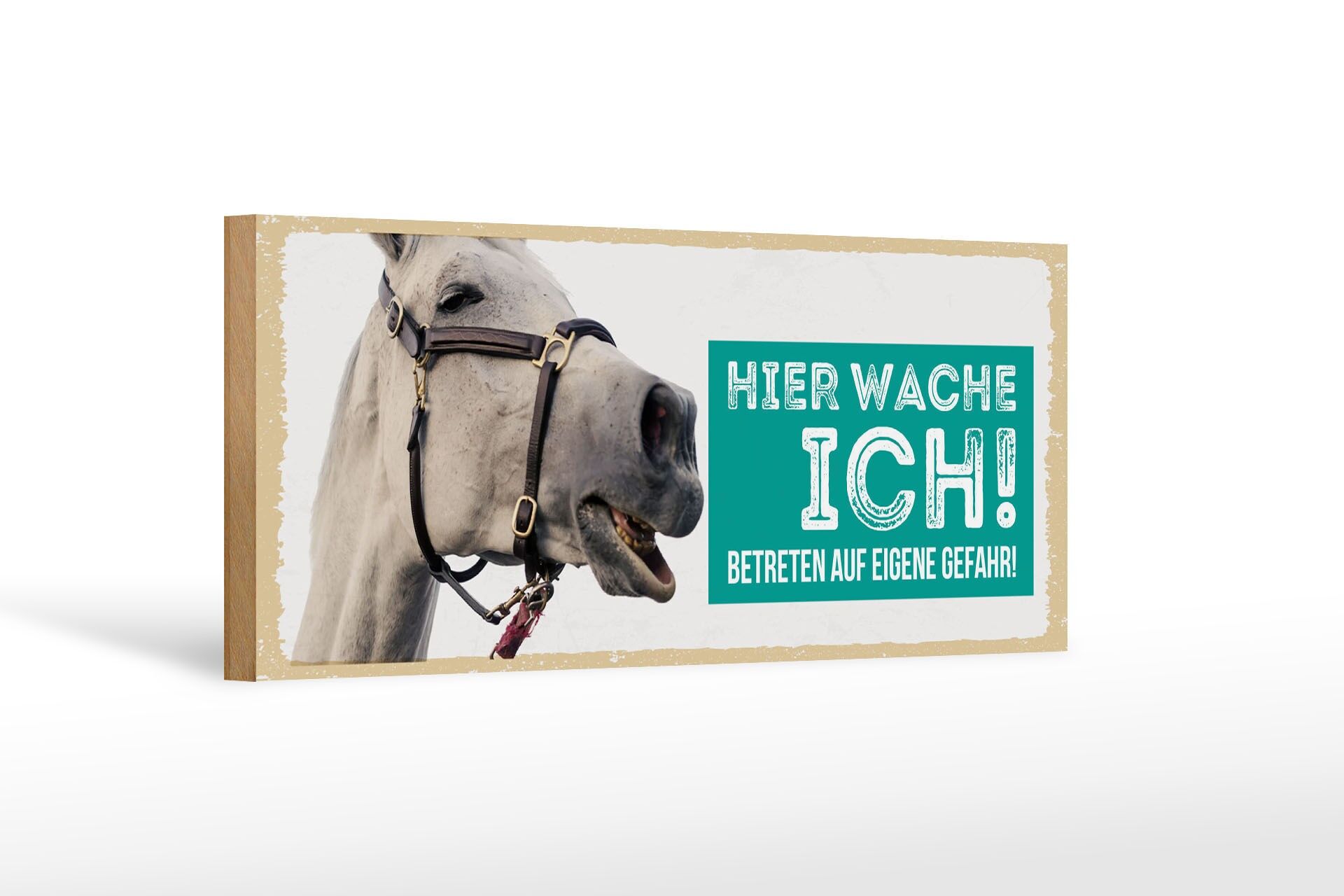 Cartello in legno con scritta 27x10 cm Eccomi qui, cartello decorativo con cavallo bianco custodito