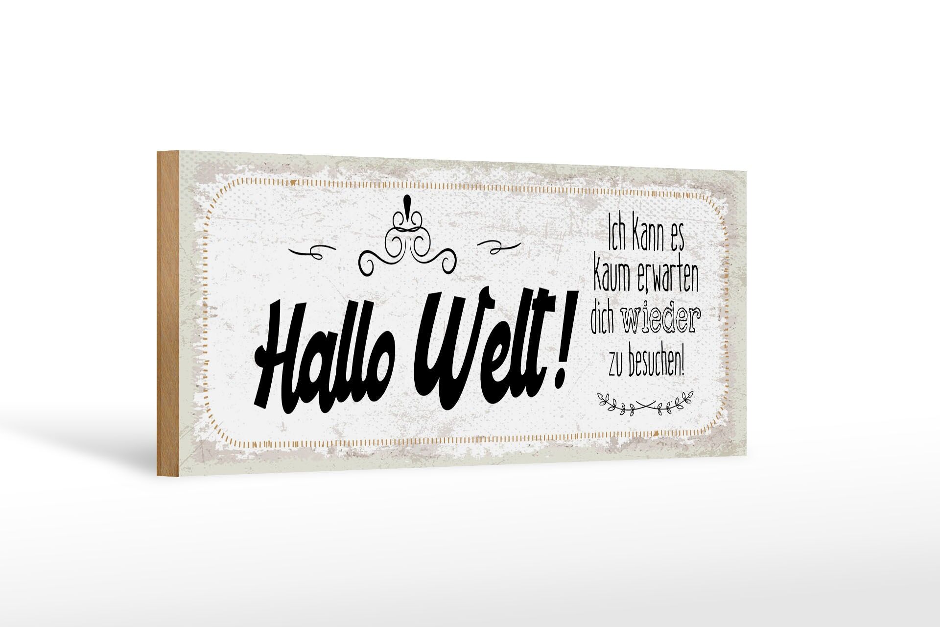 Holzschild Spruch 27x10 cm Hallo Welt kann es kaum erwarten, dich besuchen