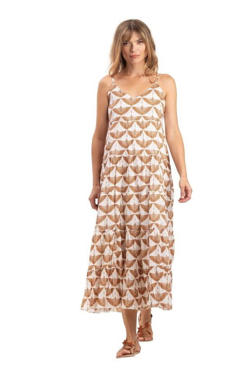 Robe L "Albatross Marron pécan" volants,dos/ceinture smocké,doublée, coton SMLXL