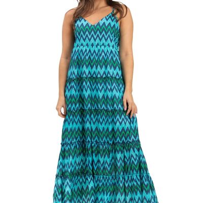 Vestido L "ZAG Vert Guacamole" con volantes, espalda fruncida y cinturón, forrado, algodón SMLXL