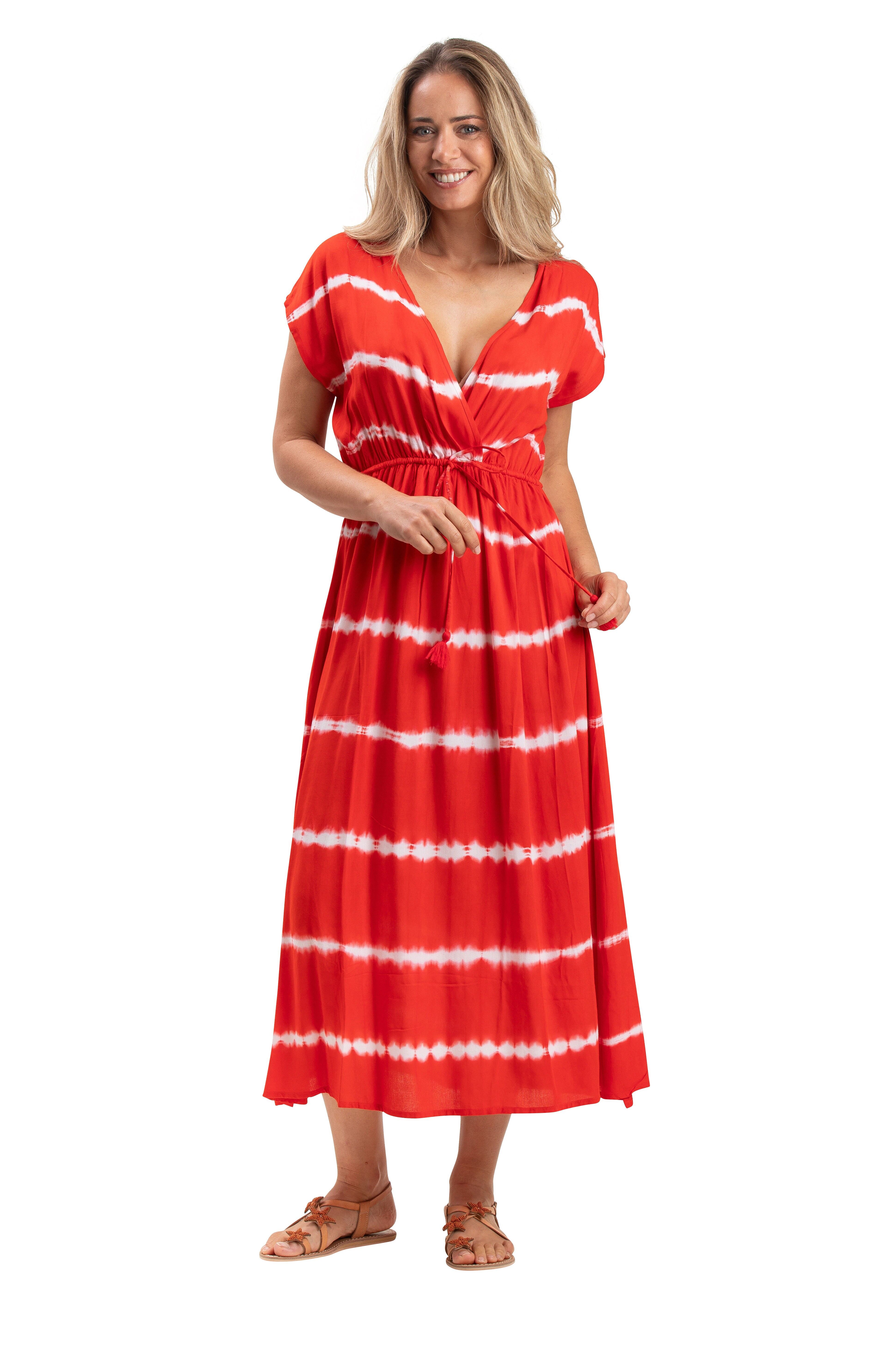 Abito lungo &quot;TxD Red chili&quot; cuore incrociato, elastico in vita, mc viscosa SMLXL