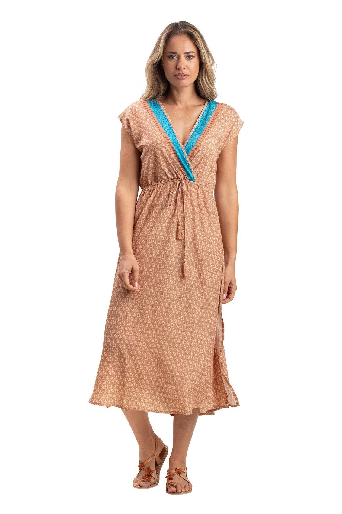 Abito lungo &quot;Beige Dulce Waves&quot; cuore incrociato, elastico in vita, mc poliestere SMLXL