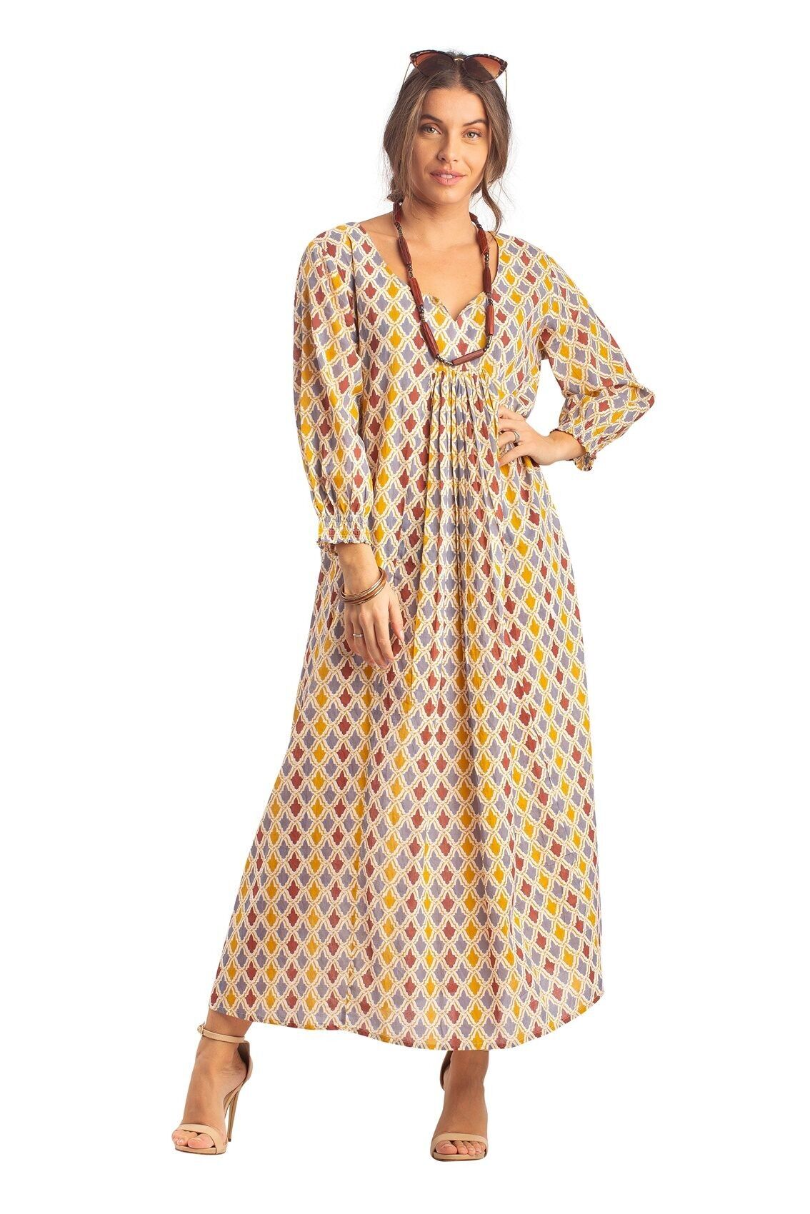 Locker sitzendes „Ochre Diamonds“-Kleid mit V-Ausschnitt, 3/4 gesmokt, Brustfalte, SMLXL-Baumwolle