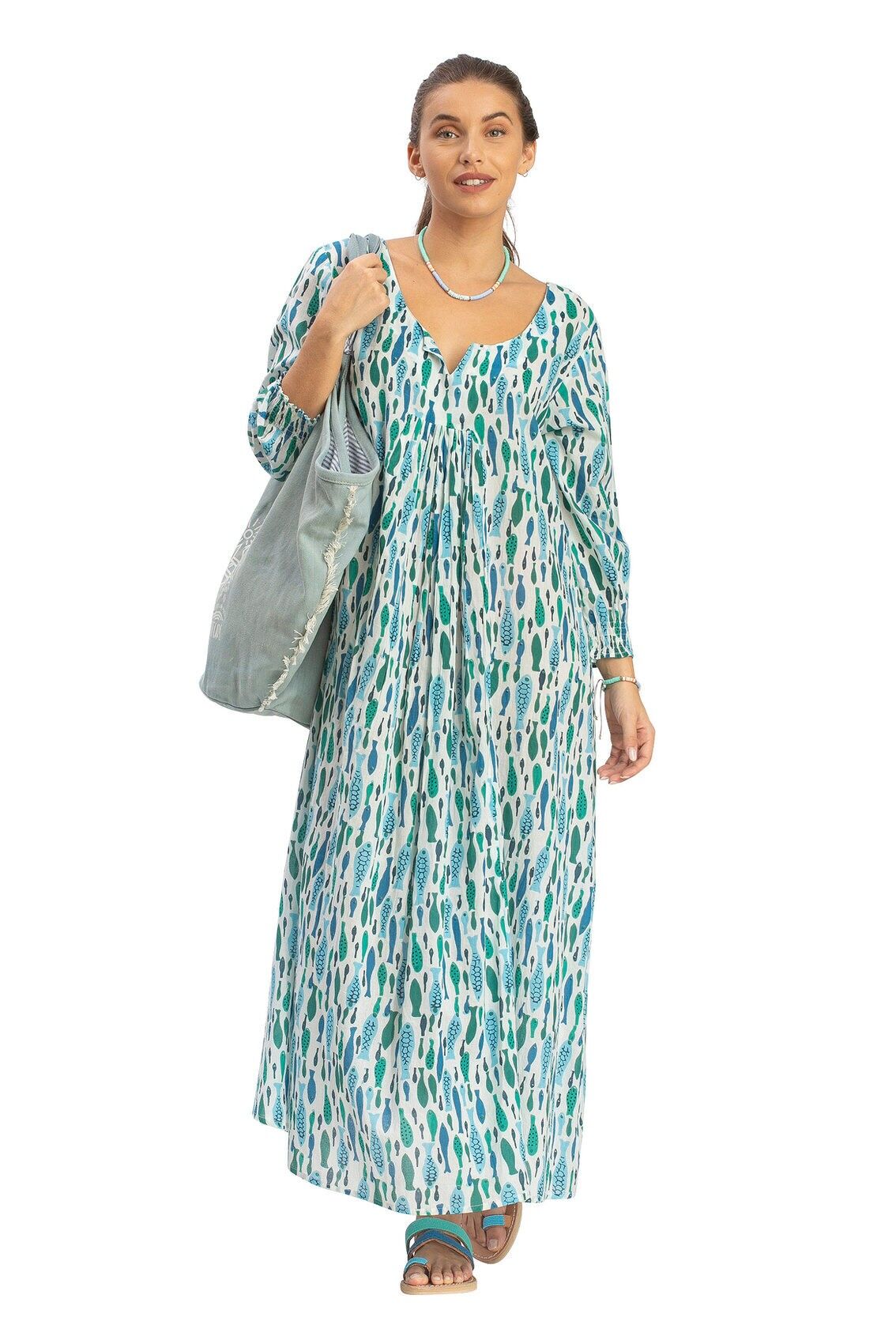 Abito ampio con scollo a V &quot;Blue Fish&quot;, arricciato 3/4, piega sul petto, cotone SMLXL