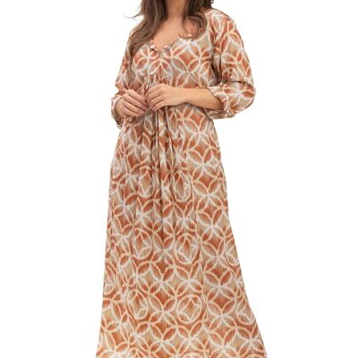 Robe ample "Rosaces pecan" col v, m 3/4 smocké, pli poitrine, coton, SMLXL