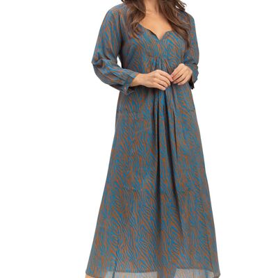 Robe ample "zebra pecan" col v, m 3/4 smocké, pli poitrine, coton, SMLXL