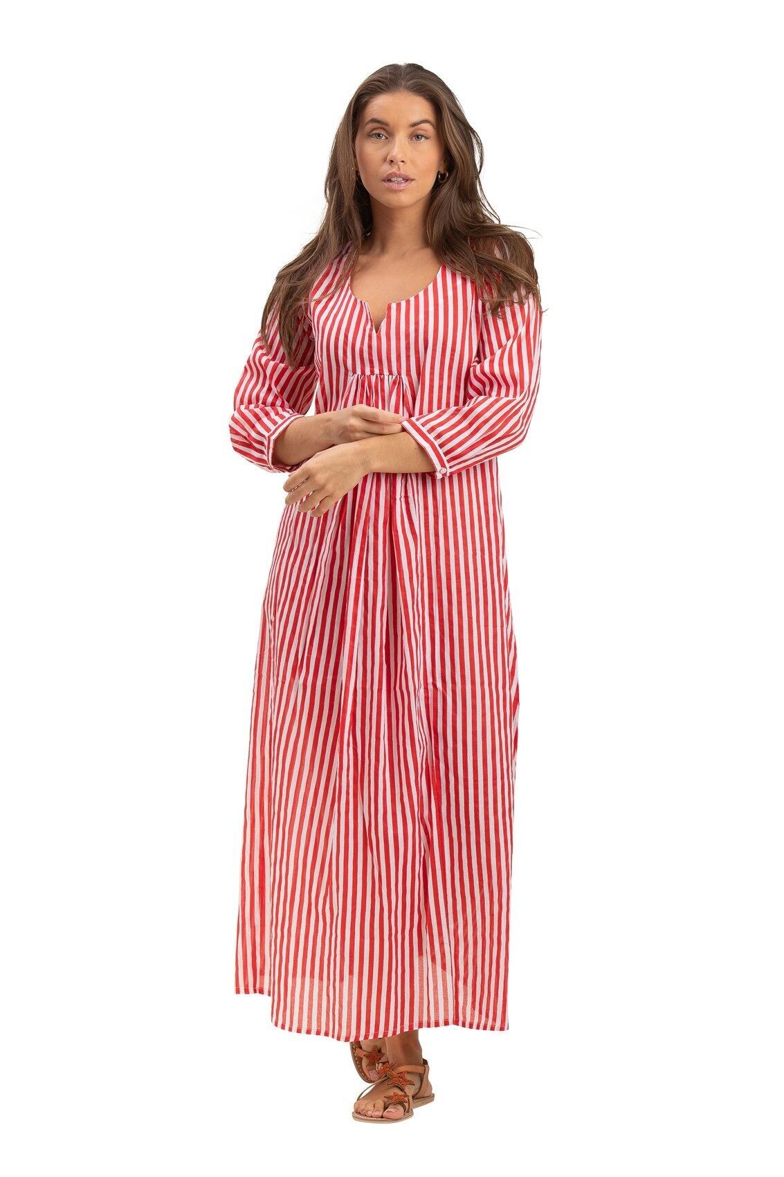 Abito ampio con scollo a V "spicy red striped", arricciato 3/4, piega sul petto, cotone, SMLXL