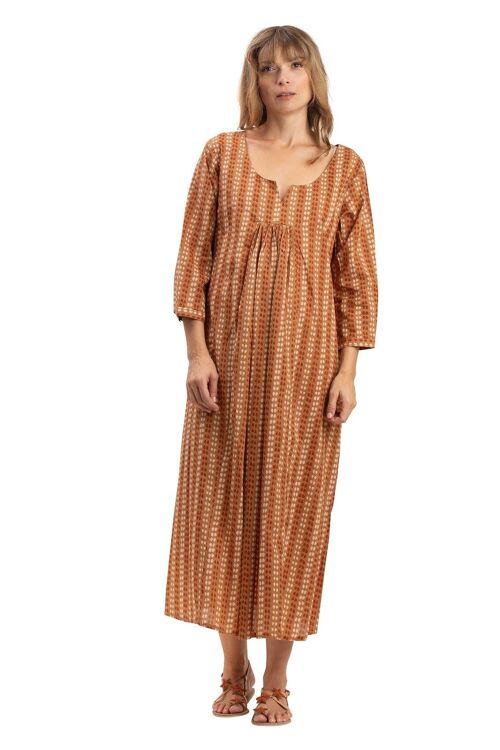 Robe ample "Pois marron pecan" col v, m 3/4 smocké, pli poitrine, coton, SMLXL