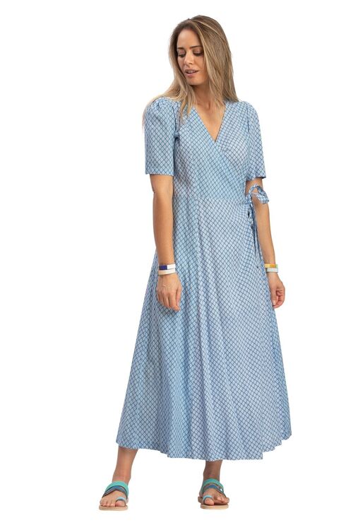 Robe longue portefeuille "Fleurs bleues" manch courtes,base droite,viscose SMLXL