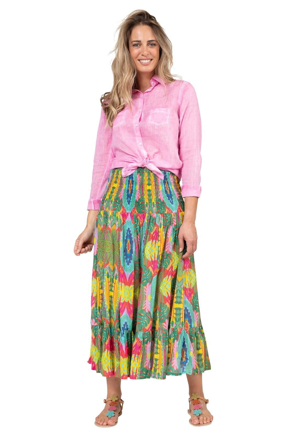 Abito/gonna Mid-L &quot;Multico Cactus Green&quot; con arricciatura sul petto/vita, senza maniche, 1 volant, cotone