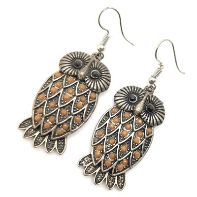 Boucles d'oreilles longues en argent · Hibou argenté marron
