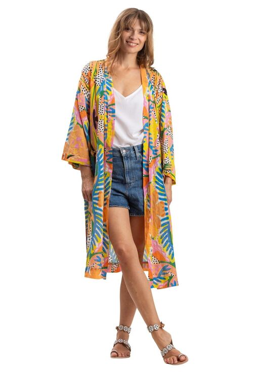 Kimono mi-long "Multico Noir" manches 3/4, poches, ceintures, coton TU