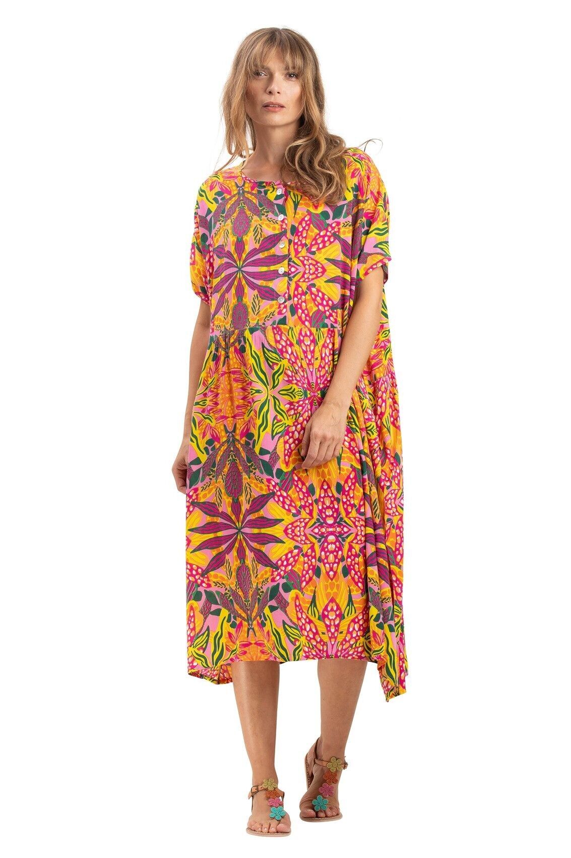 Robe oversize "Multico rose vert", 5 boutons, poches cotés, viscose TU