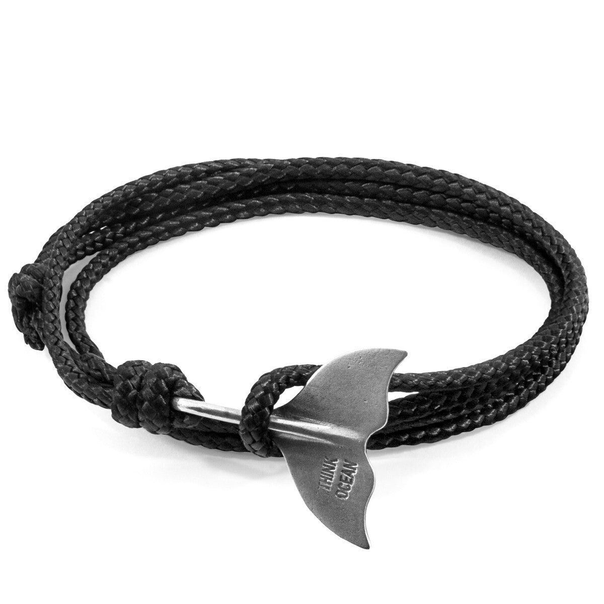 Schwarzes Think Ocean Big Whale Silber- und Seilarmband