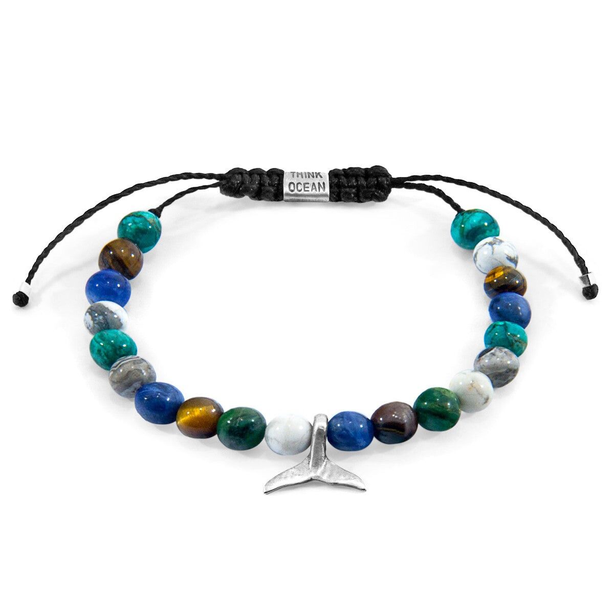 Multicoloured Multi-Gem Think Ocean Mini Whale Silver and Stone Macrame Bracelet