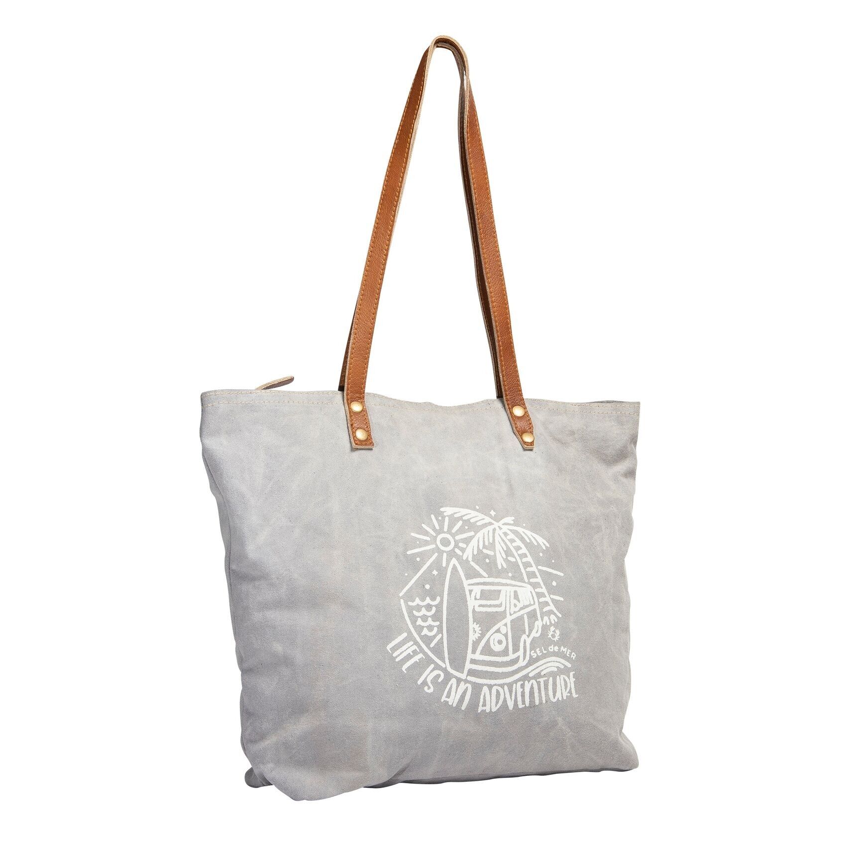 Bolso M gris "Life is", asas planas de piel, cremallera, algodón 45x36