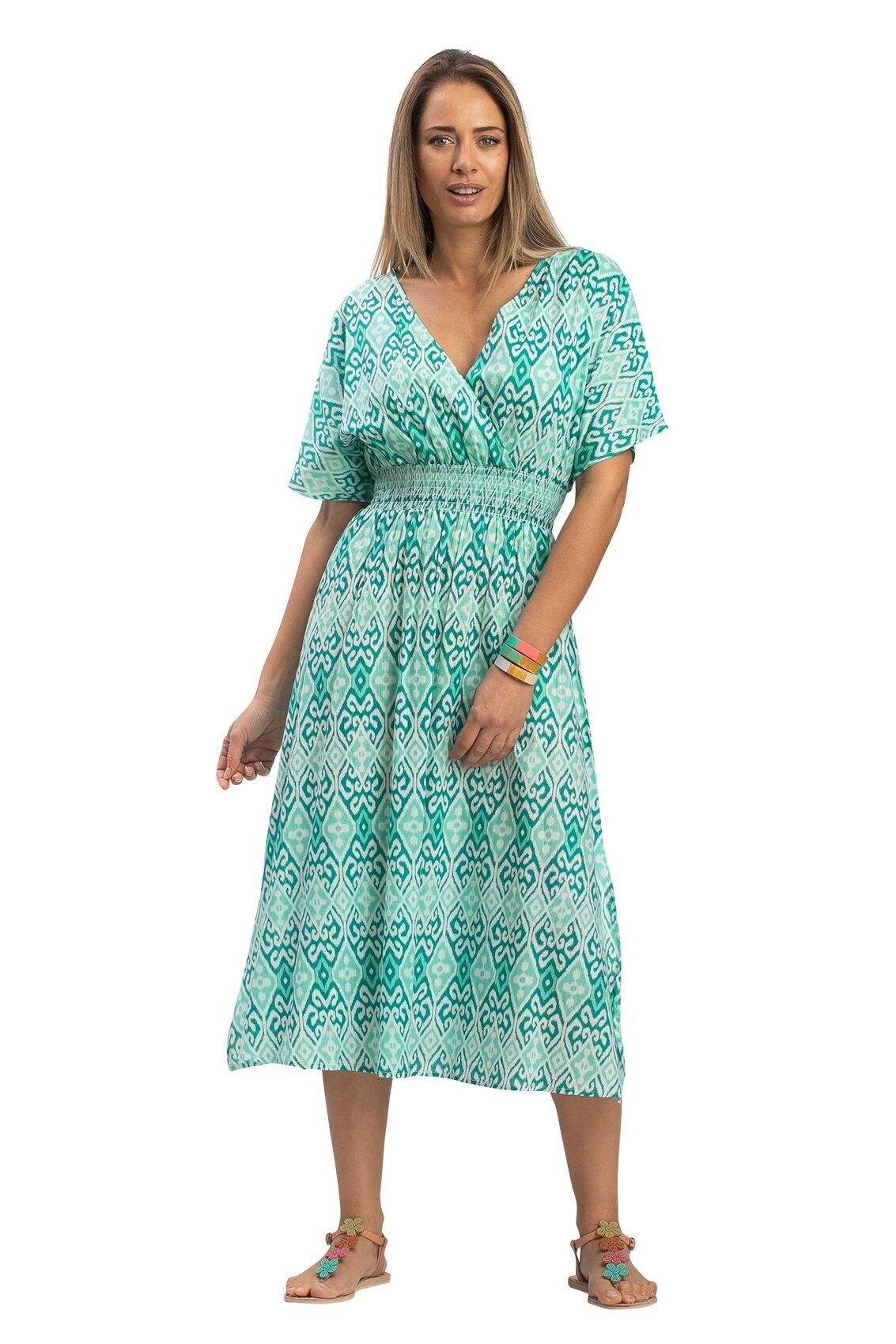 Abito L."Jard Arabesq acqua" vita smock, scollo a V aperto, maniche corte, spacchi, cotone