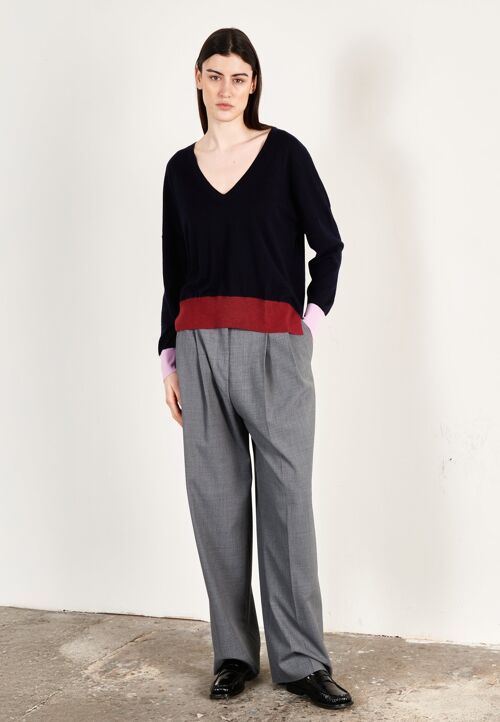 Pull col V oversize ultrafin cachemire et laine bleu marine/lavande/rouge femme - KELLY 10
