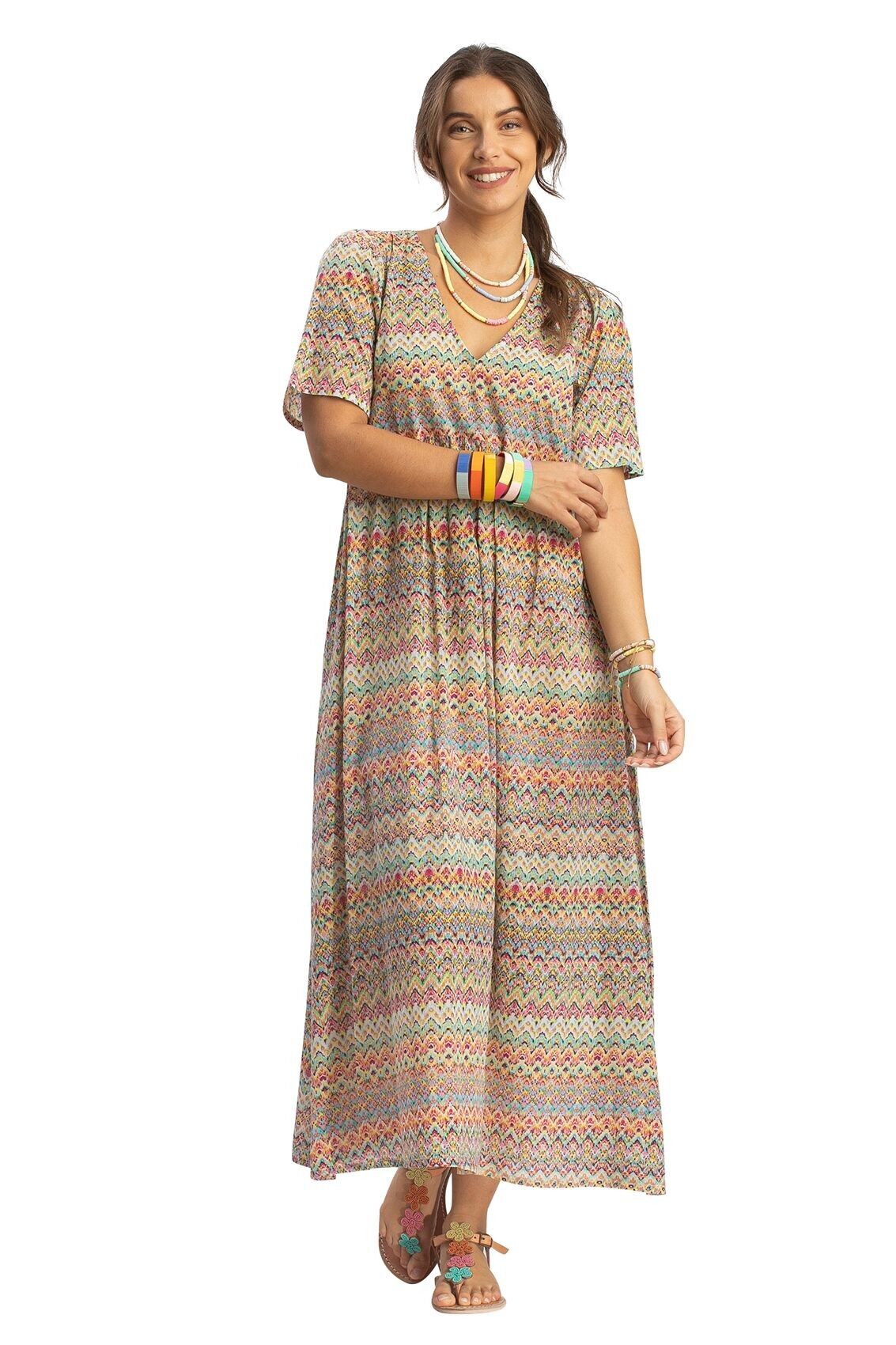 Abito midi "Zig Zag", scollo a V, MC, arricciatura sul petto, cotone, SMLXL