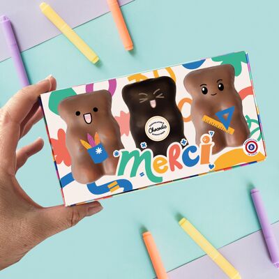 CHOCODIC - Scatola da 3 orsetti di marshmallow al cioccolato al latte XL - REGALO DI FINE ANNO SCOLASTICO da offrire a un insegnante o ATSEM