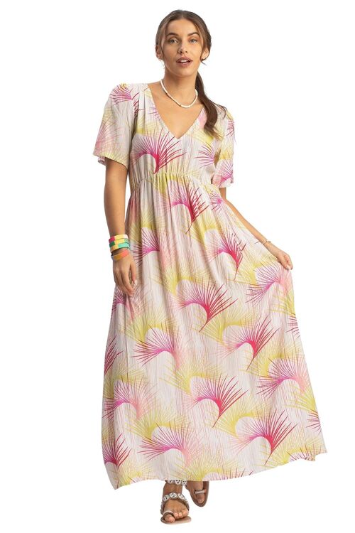 Robe mi-longue "Palmes roses",col v, mc,froncé poitrine,viscose, SMLXL