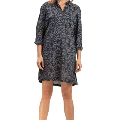 Vestido/camisa Acapulco azul marino cebra, abotonado, 2 bolsillos en el pecho, algodón SMLXL