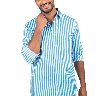 Blusa de algodón de manga larga para hombre "Sky White Stripes" talla S M XL