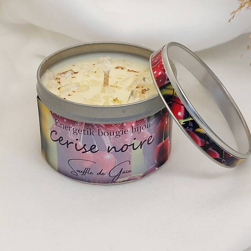 Candela gioiello profumata alla ciliegia nera - ciondolo in pietra litoterapica omaggio - cera naturale - fragranza Grasse