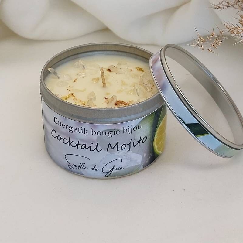 Candela gioiello profumata al cocktail Mojito - ciondolo in pietra litoterapica omaggio - cera naturale - fragranza Grasse