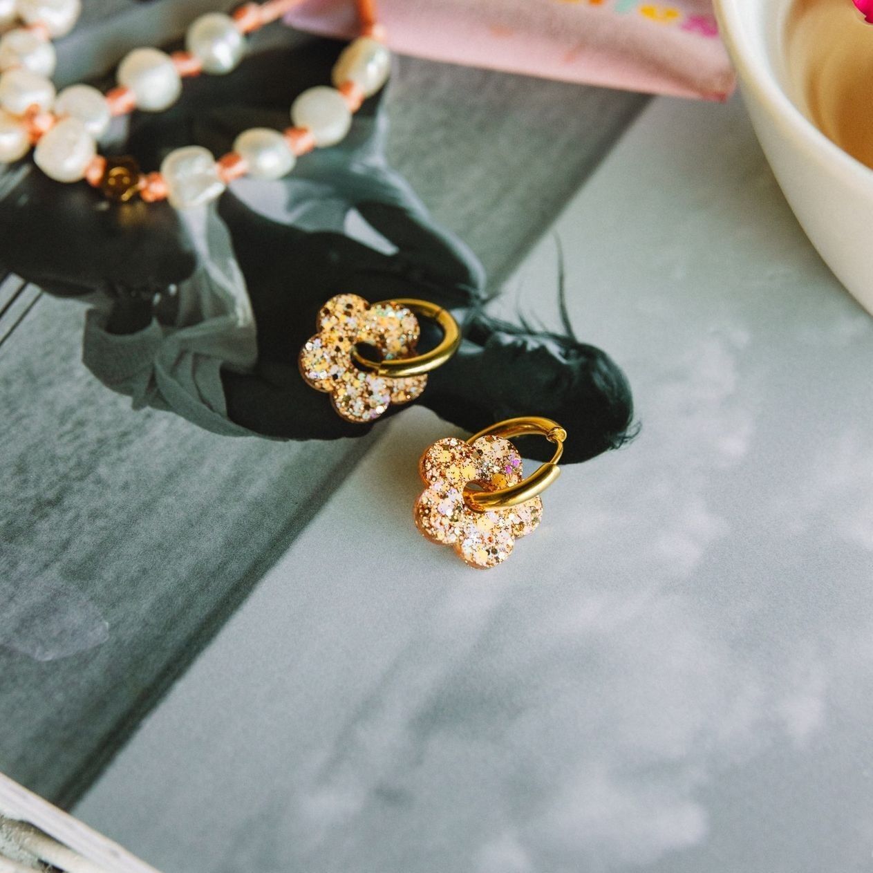 Champagne Peach Flower Hoop Earrings