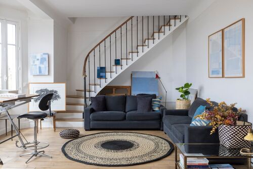 Tapis en raphia rond noir et blanc – 200 cm