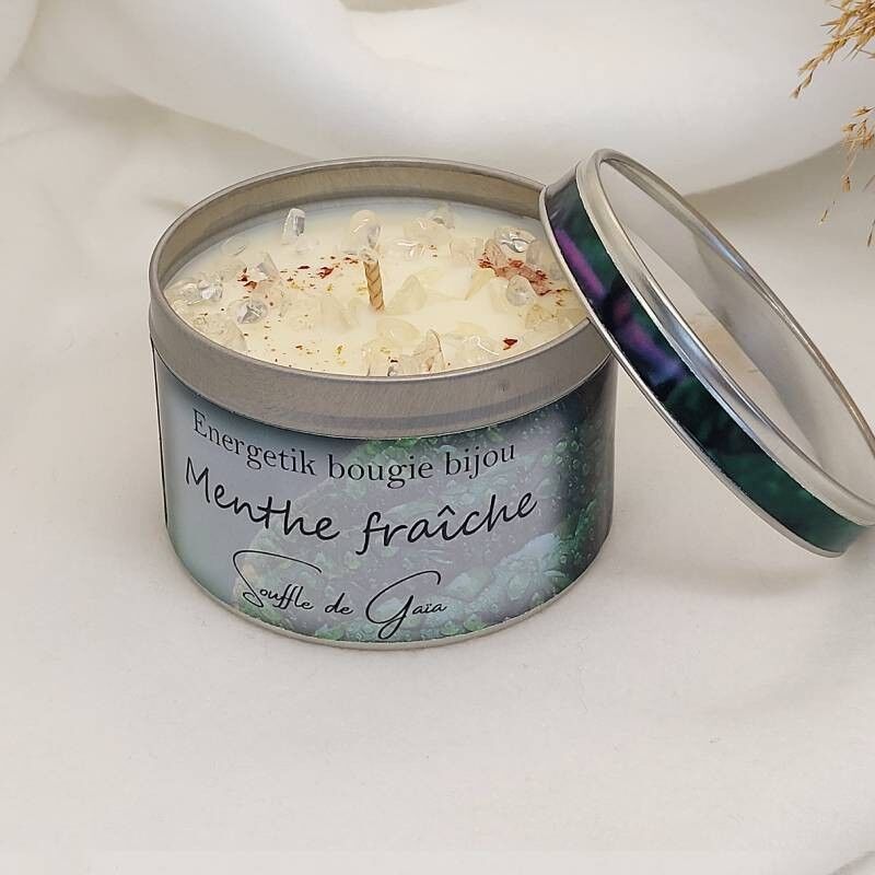 Candela gioiello profumata alla menta fresca - Ciondolo in pietra litoterapica omaggio - Cera naturale - Fragranza Grasse