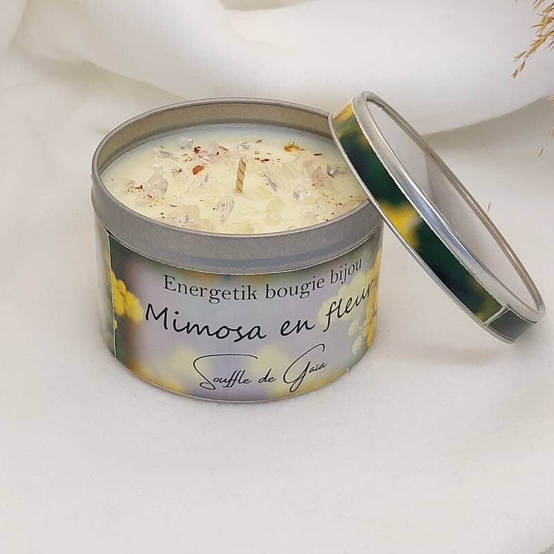 Candela gioiello profumata al fiore di mimosa - Ciondolo in pietra litoterapica omaggio - Cera naturale - Profumazione di Grasse
