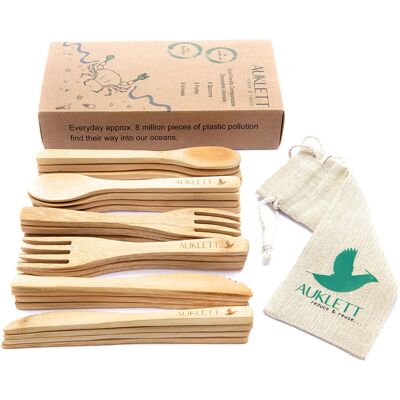 Juego de 24 cubiertos de bambú reutilizables: 8 tenedores, 8 cucharas, 8 cuchillos