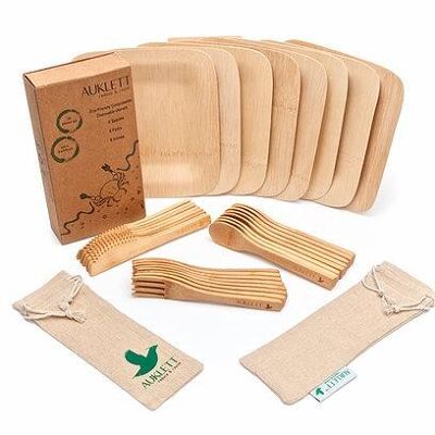 8 Set Reusable Bamboo Cutlery with Bamboo Plates and 2 Travel Pouches – 8 Plates, 8 Forks, 8 Knives, 8 Spoons