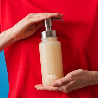 Dispensador de gel de ducha con bomba de Tritan y acero inoxidable de 300 ml.